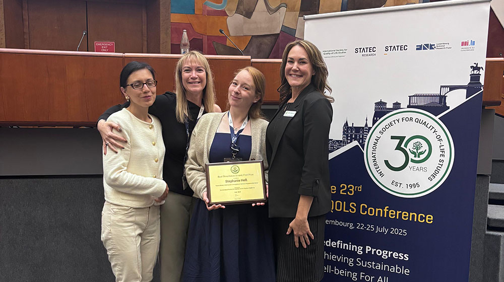 Stephanie Heß auf der ISQOLS v.l.n.r. Annie Tubadji (Co-Vice Presidents of Membership & Regional Affairs der ISQOLS); Stephanie Rossouw (President der ISQOLS), Dr. Stephanie Heß und Jill Johnson (Executive Director der ISQOLS) (c) privat